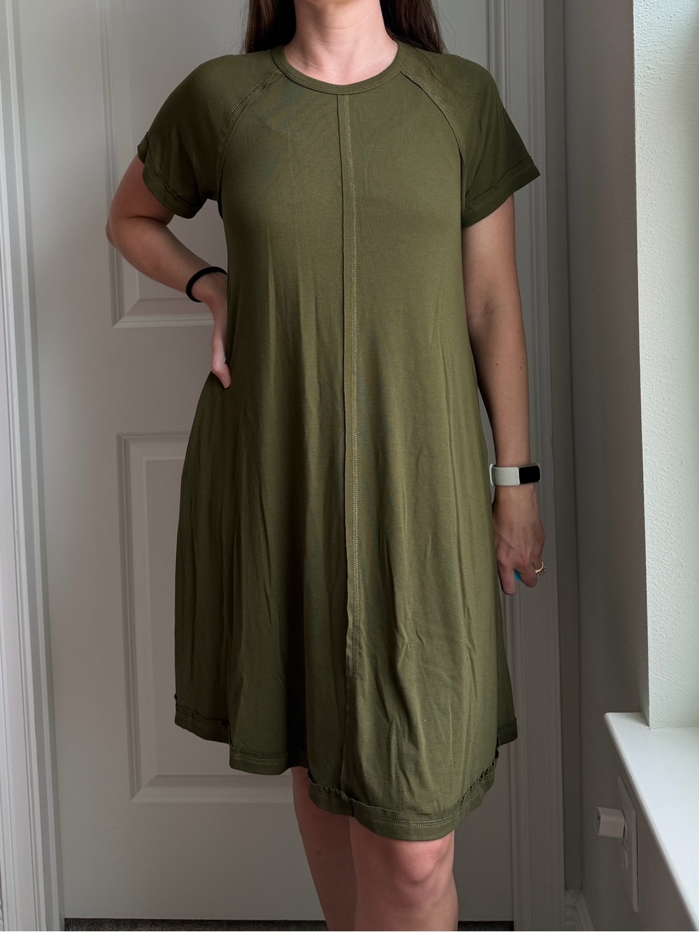 Olive Green Women's Swing Tee Dress - Picture 3 of 14